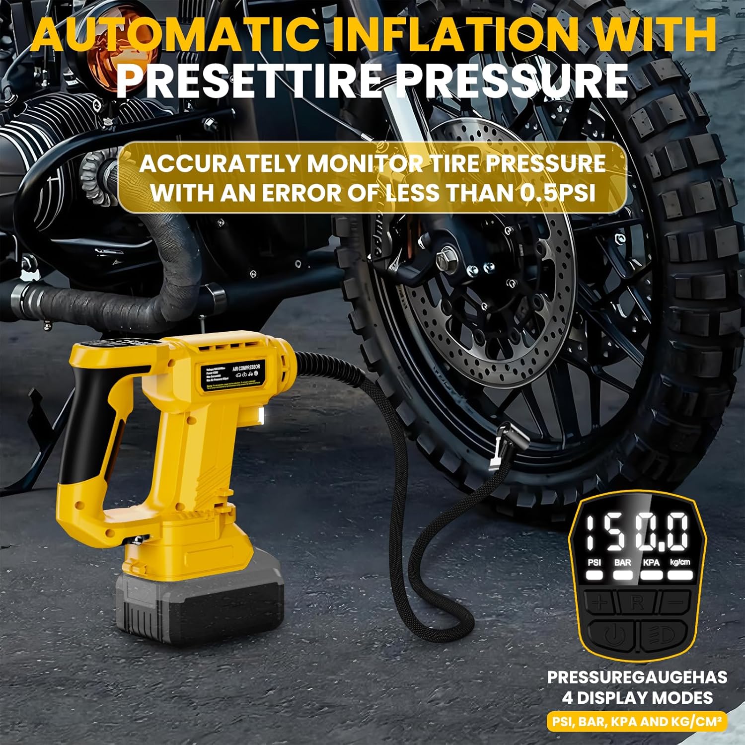Cordless Tire Inflator Air Compressor for Dewalt 20V Max Battery, 150PSI Portable LED Light Handheld Air Pump with Digital Pressure Gauge for Cars, Motorcycles, Bikes, Sport Balls(Only Tools) - Image 6