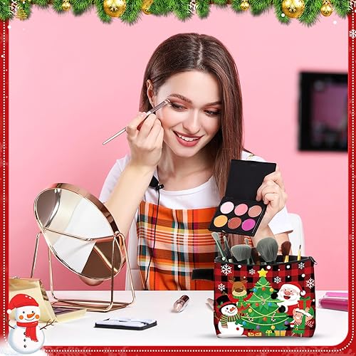 Miniatura 4 de Zonon Juego de 6 bolsas de maquillaje de lona de Navidad, pequeñas bolsas de cosméticos con cremallera portátil, bonita bolsa de estilo a cuadros,