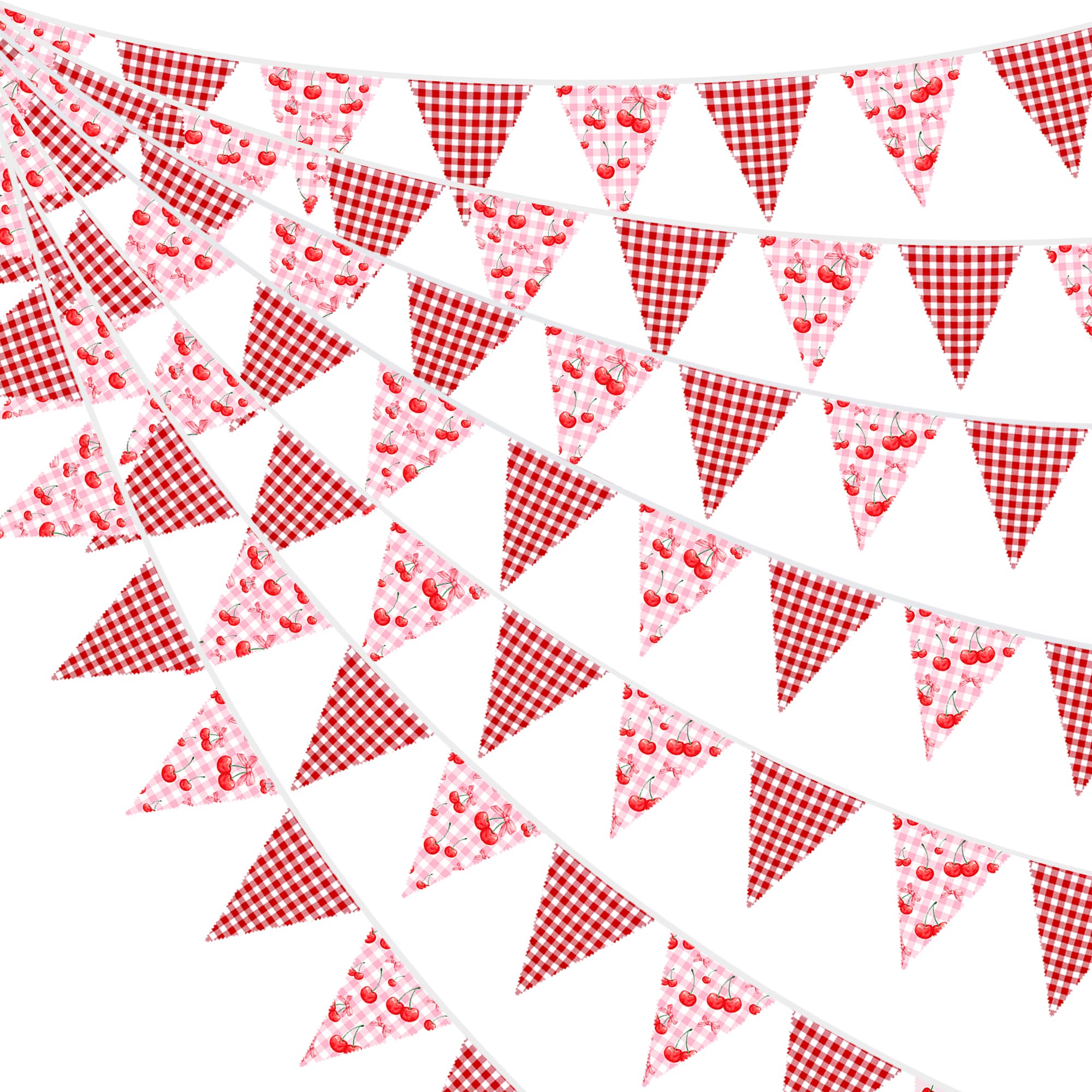 32Ft Red Plaid Cherry Bunting Banner Party Decorations Red Gingham Cherries Fabric Pennant Triangle Flag Garland Streamer for Cherries Birthday Wedding Bridal She's The Cherry on Top Baby Shower Party