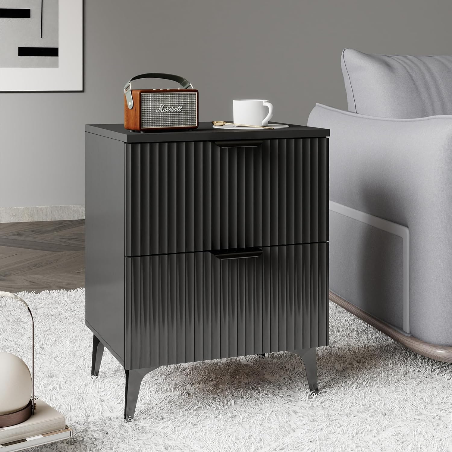 Wood Night Stand Set 2 Fluted Dresser for Bedroom 2 Drawers End Tables Nightstands Set of 2, Storage Modern Bedside Table Set of 2, Black Nightstand - Image 7