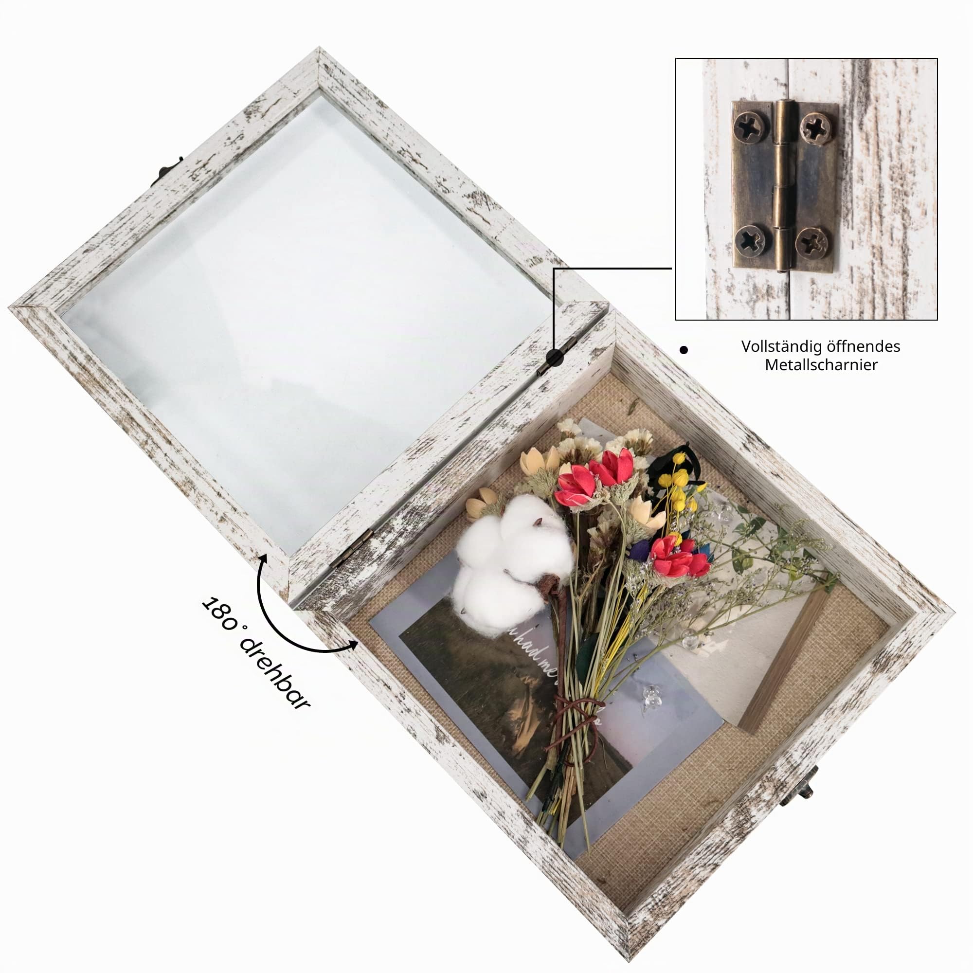 GraduationMall Weiß 20x20cm 3D Bilderrahmen Tief Objektrahmen Schaukasten Türvitrine Retro Weiß,Geschenk für Hochzeit Bouquet Medaillen Erinnerungsbox