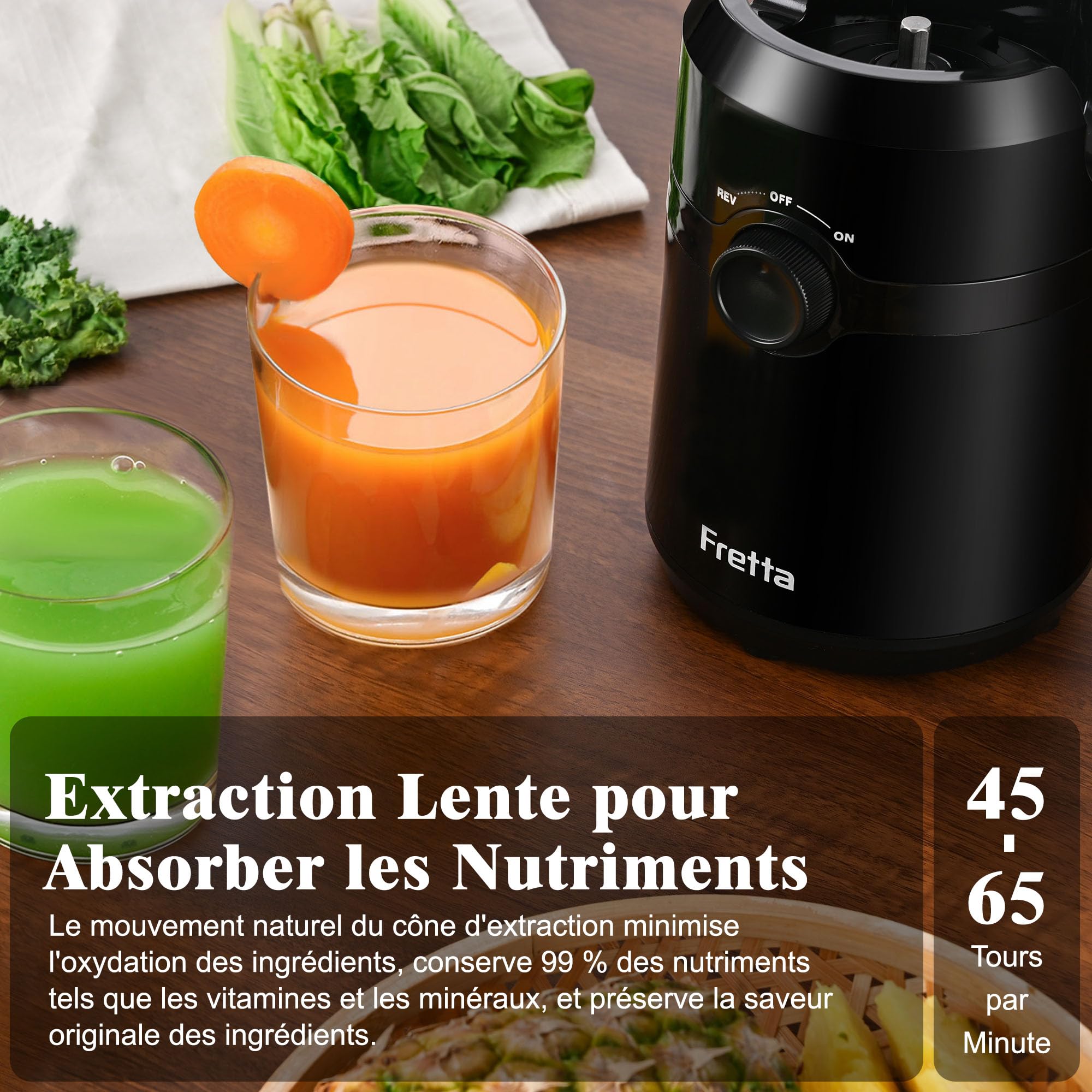 Extracteur de Jus Fretta, Presse à Froid, Grande Ouverture 108mm, 200W, 1L, Sans BPA, Noir