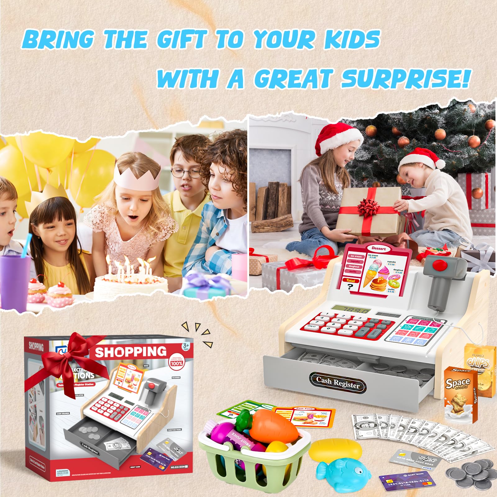 maysida Cassa Giocattolo in Legno con Scanner e Suoni per Bambini 3-5 Anni, Set Negozio con Monete, Carte, Carrello e Cibo Natale o Compleanno