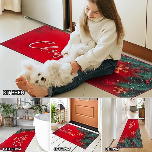 Miniatura 7 de Juego de 2 alfombras de cocina de Navidad, lavables, antideslizantes, para piso, 2 piezas, tapetes de cocina rojos, alfombras absorbentes para