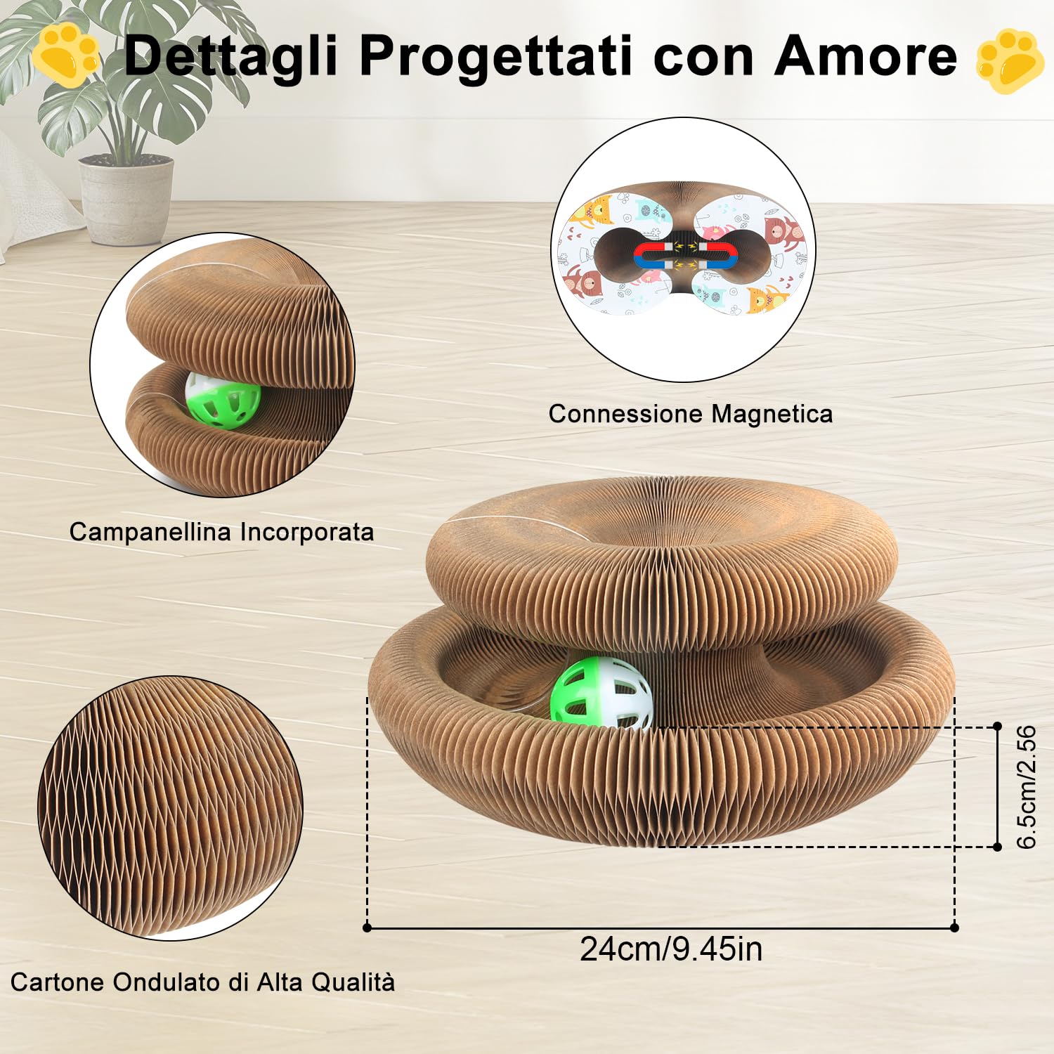 Magic Organ Tiragraffi per gatti | 2 in 1 pieghevole con campanella | Giocattolo interattivo e casetta di cartone per gatti domestici (Taglia standard - Bianco)