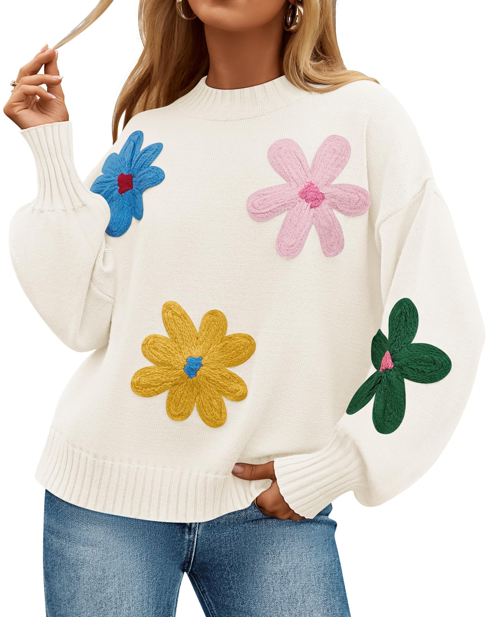 ZESICA Womens Long Puff Sleeve Sweaters Casual Crewneck Ribbed Knit Flower Color Block Loose Pullover Tops