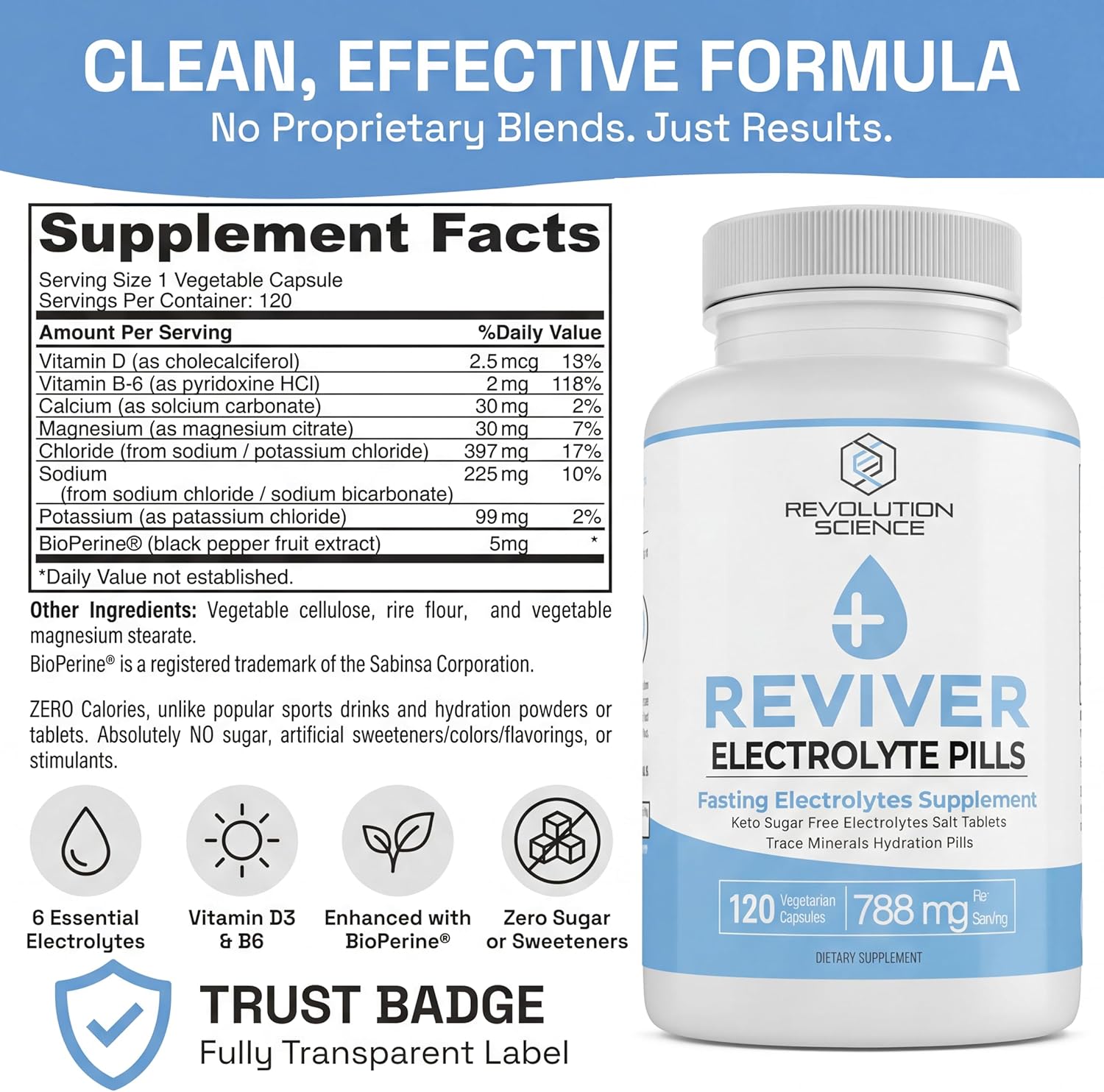 REVIVER Superior Absorption Electrolyte Pills - Salt Tablets for Runners & Fasting Electrolytes Supplement, Sugar-Free Salt Pills for Hydration, Cramp Defense, Keto Support 120, Electrolyte Capsules
