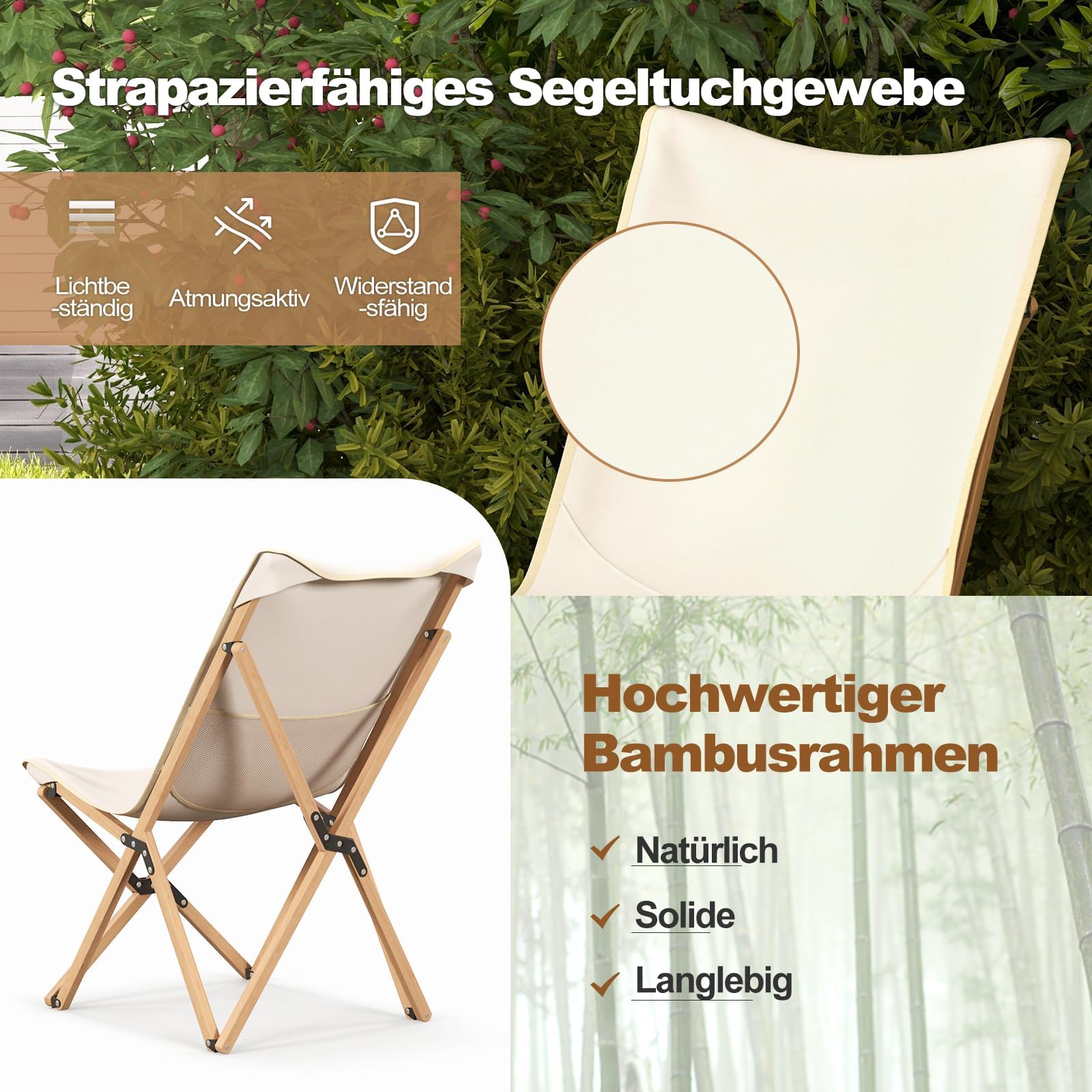 GOPLUS Campingstuhl faltbar 2er Set, Liegestuhl klappbar aus Bambus, Gartenstuhl bis 150kg belastbar, Klappstuhl leicht tragbar mit Tragetasche, Strandstuhl für Camping, Picknick & Angeln (Weiß)