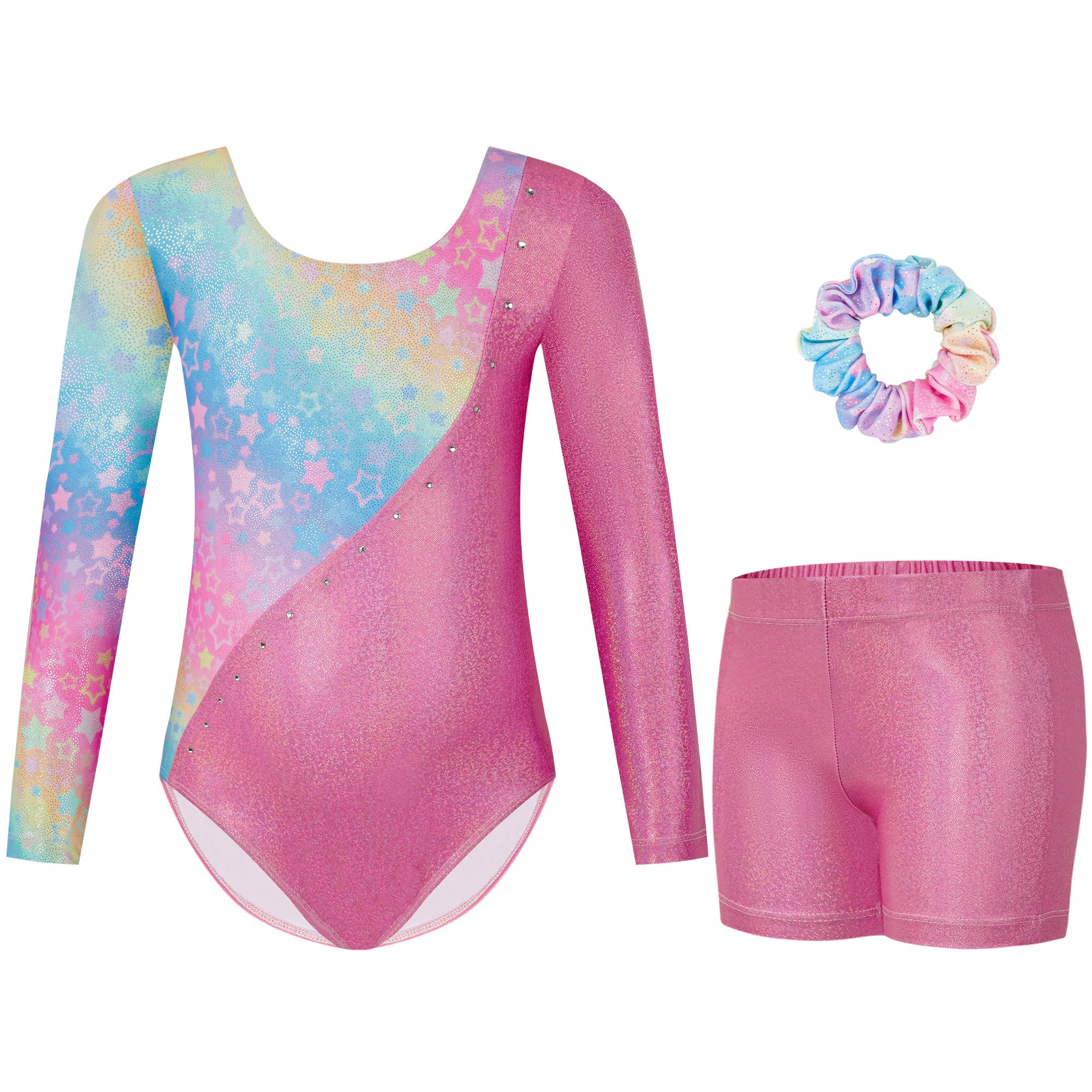Gogokids Mädchen Dreiteilige Gymnastikanzüge, Langärmliges Gymnastik Set mit Shorts und Haarband, Glitzernde Balletteinheitstrikots - Gymnastik Outfit mit Farbverlaufdesign für 3-12 Jahre