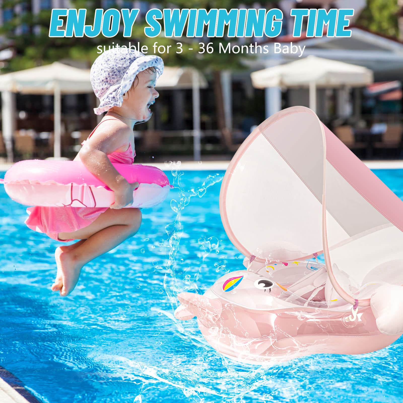Baby Pool Float,Infant Floats for Pool with Sun Protection Canopy Rollover Prevention Suitable for Children Aged 3-36 Months, Summer (Pink Pony)