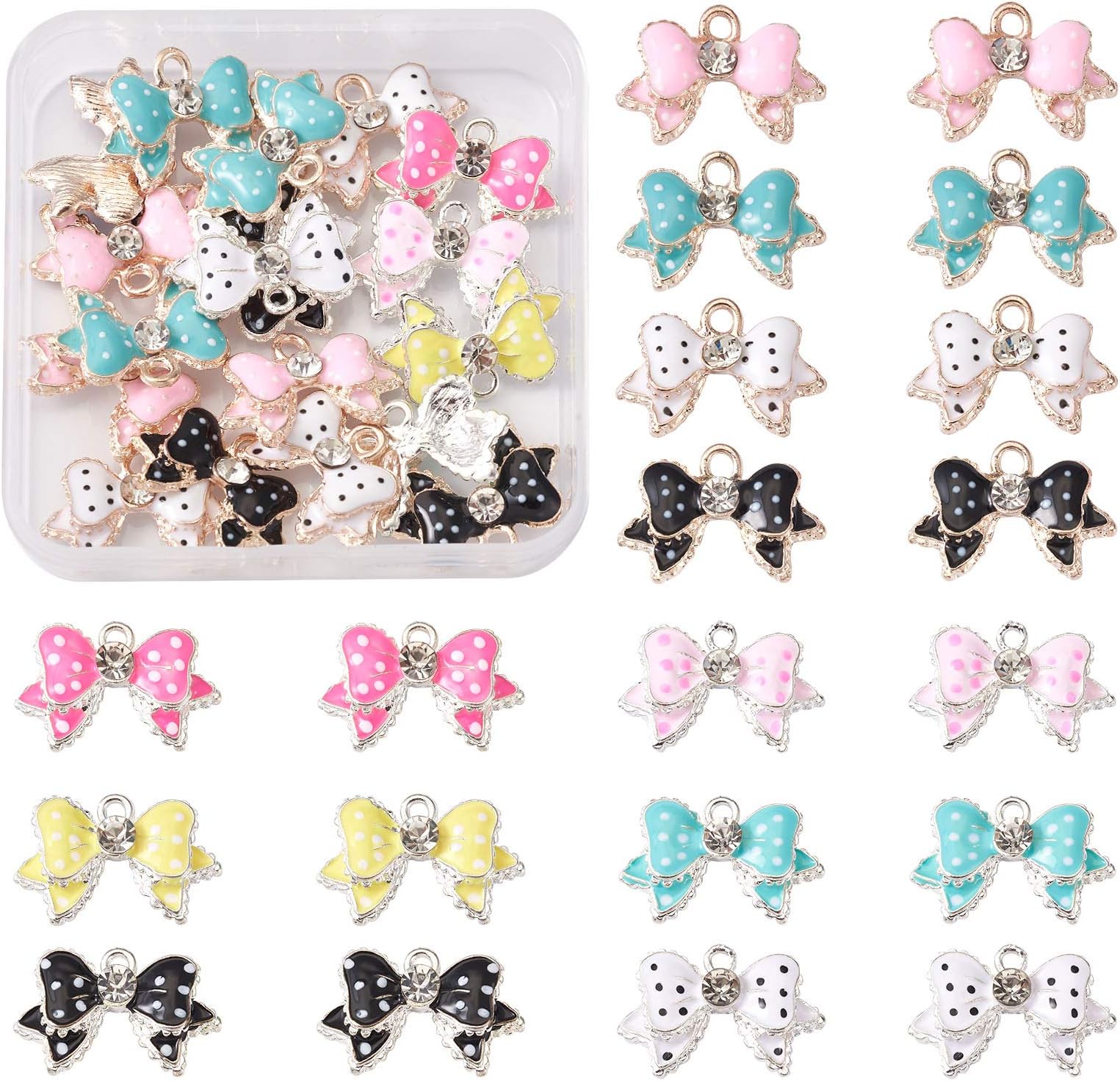 Craftdady 28pcs Bowknot with Rhinestone Enamel Necklace Charms Beads Metal Cute Rosette Dangle Pendant for Bracelet Jewellery Making
