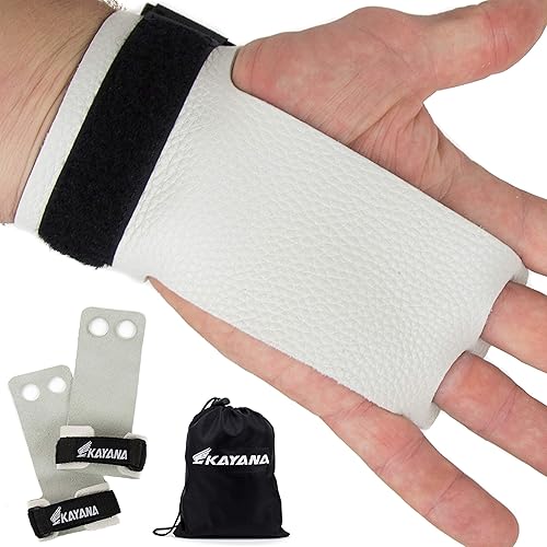 Miniatura 10 de KAYANA Puños de cuero para gimnasia de 2 agujeros, protección de palma y soporte de muñeca para entrenamiento cruzado, pesas rusas, dominadas, Rosa
