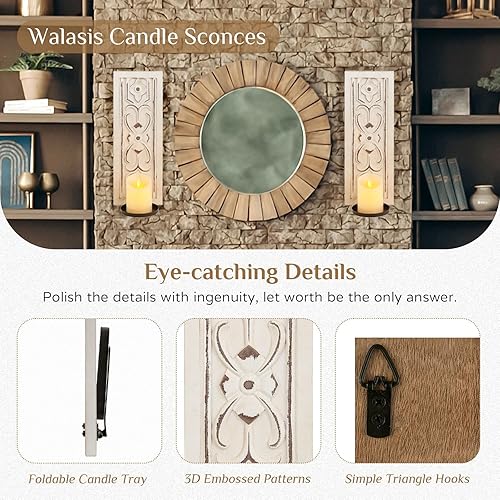 Miniatura 6 de Juego de 2 candelabros rústicos para decoración de pared, de madera, para granja, blanco, bohemio, arte envejecido, grueso, para baño