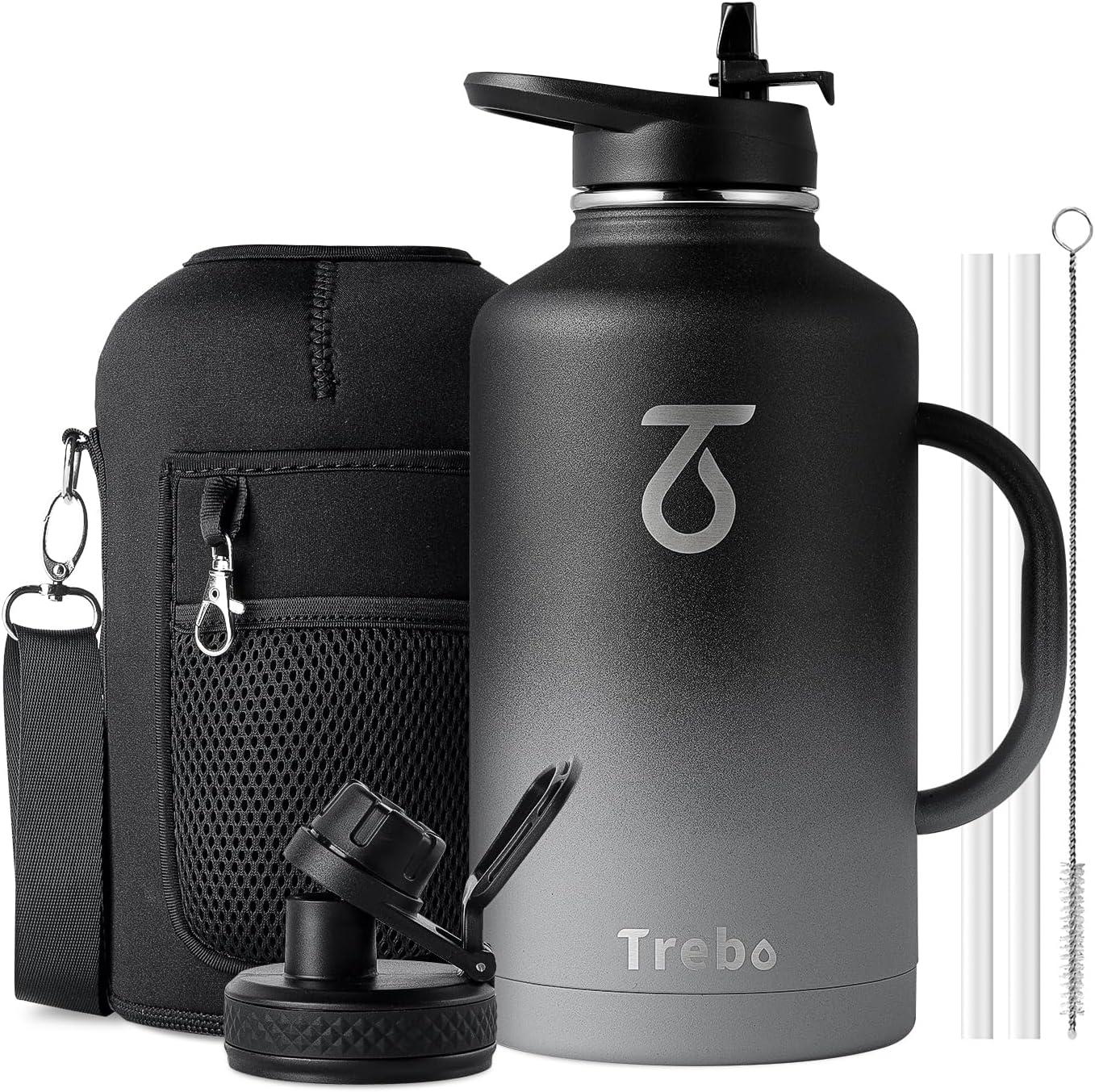 – Trebo Insulated Water Bottle 2L, Stainless Steel Water Bottle 2L Metal Bottle with Handle Metal Large Jug Travel Flask with Straw Spout Lid Mug Tumbler Cup with Carry Pouch Keep Cold Hot, Dark Grey
