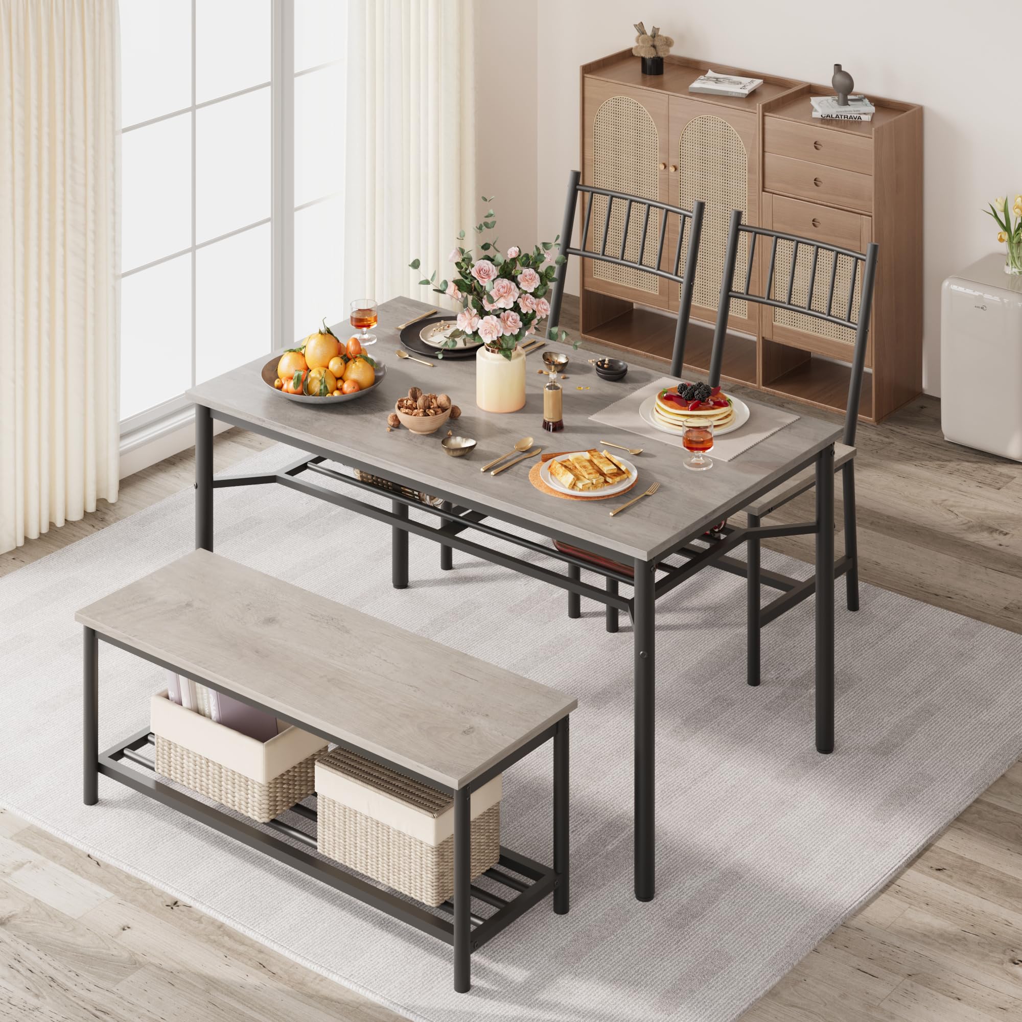 Essgruppe Esstisch Set 4-Teilig Esszimmertisch Mit 2 Stühlen & Bänken, Sitzgruppe Mit 2 Lagerregalen, Bartisch Mit Metallgestell, Industrial Esszimmergruppe Für Küche Esszimmer