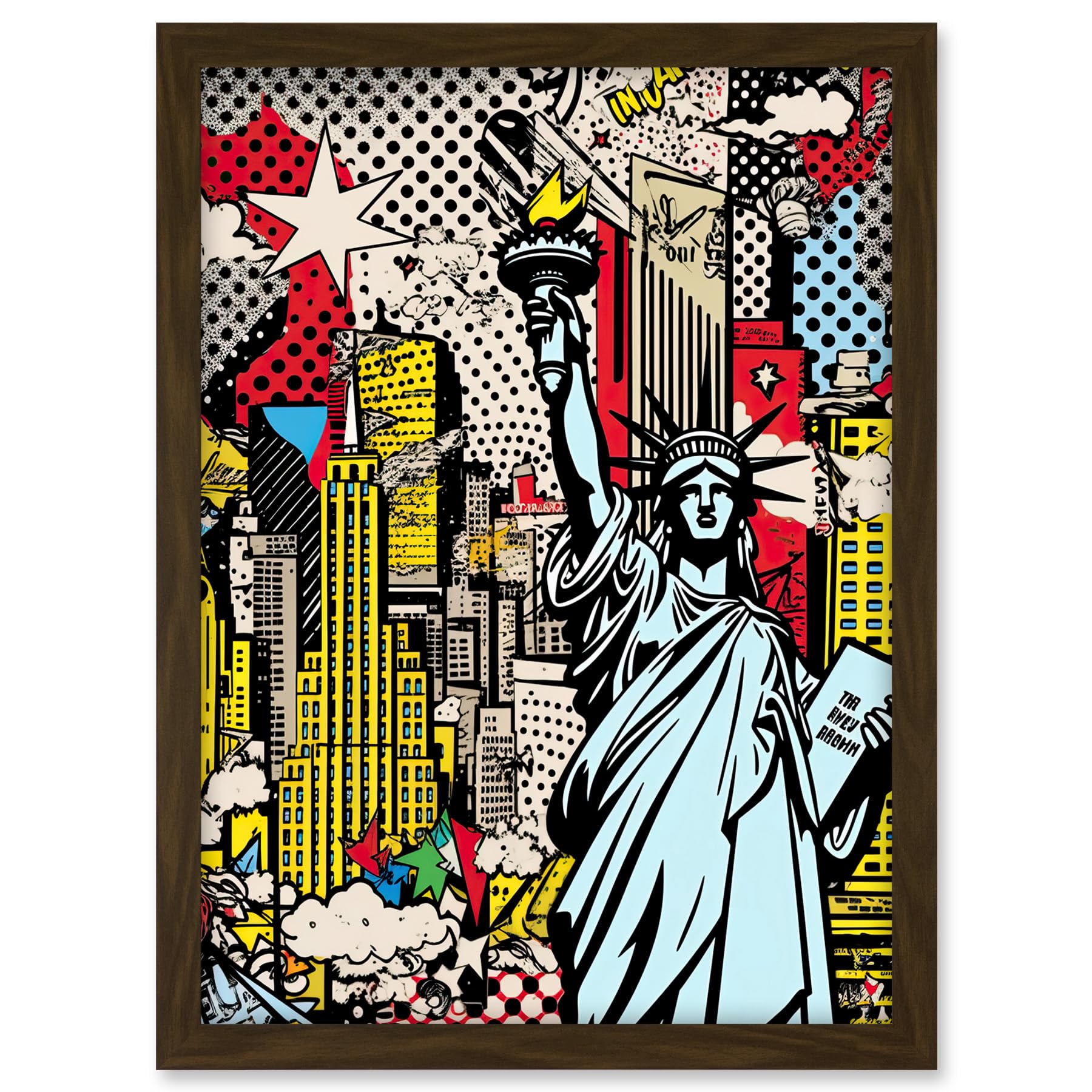 Artery8 New York City Skyline Statue of Liberty Pop Art Comic Book Style American Dream Artwork Framed A3 Wall Art Print