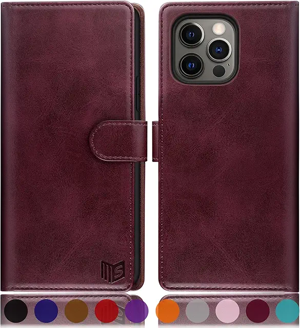 SUANPOT iPhone 13 Pro Max Leather Wallet Case with RFID Blocking & Card Holder - Wine Red