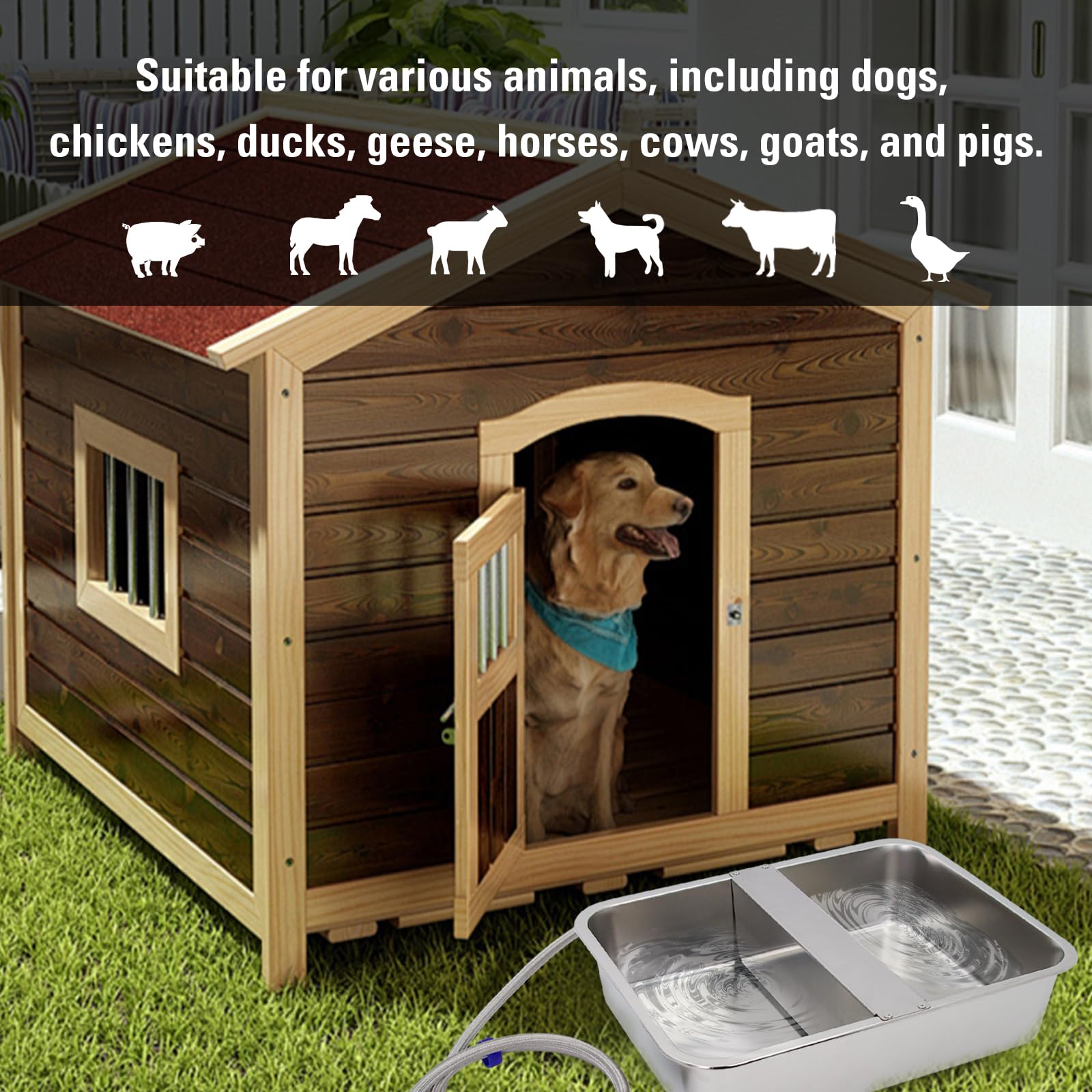 Dispensador automático de cuenco de agua de 4 galones para perros, comedero de agua de acero inoxidable de gran tamaño para aves de corral y ganado para animales al aire libre, incluye manguera de