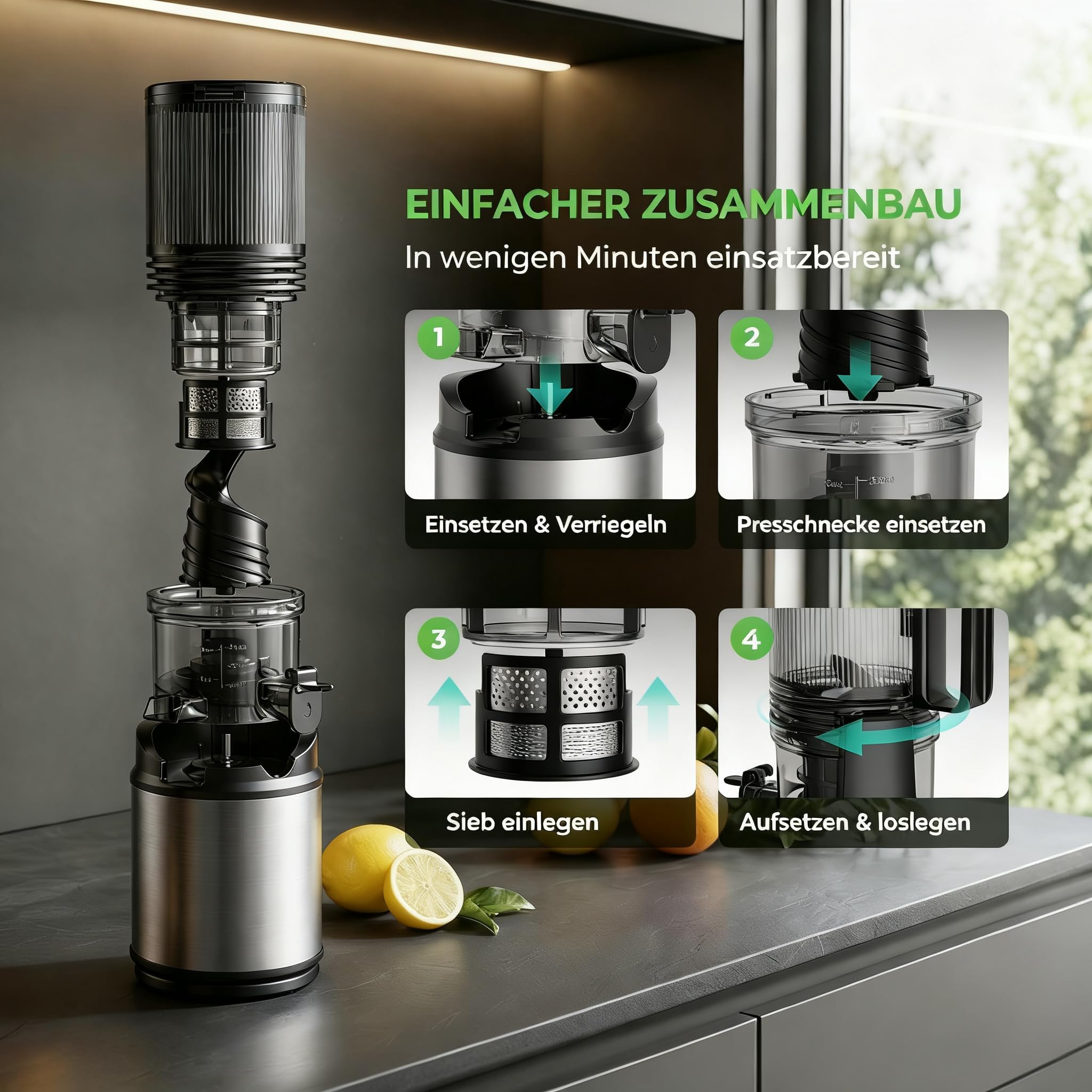 Entsafter Saftpresse mit 130mm Breiter Einfüllschacht 250W Kaltpress Entsafter für Ganze Früchte & Gemüse 2L Slow Juicer mit 2 Gläsern Leicht zu Reinigender BPA-frei Hohe Saftausbeute Entsafter
