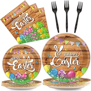 OBUSATT 96 Pcs Easter Paper Plate and Napkins Supplies Tableware Disposable Easter Bunny Eggs Party Dinner Dessert Plates for Easter Table decorations,24 Guests