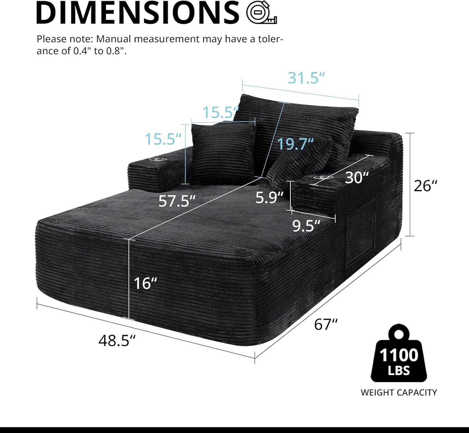 67" Oversized Chaise Lounge Chair Indoor with 2 Stainless Steel Cup Holders & 1 Side Pocket, Boneless Sofa Bed with 3 Pillows, Deep Seat Corduroy Sleeper Couch for Living Room or Bedroom (Black)