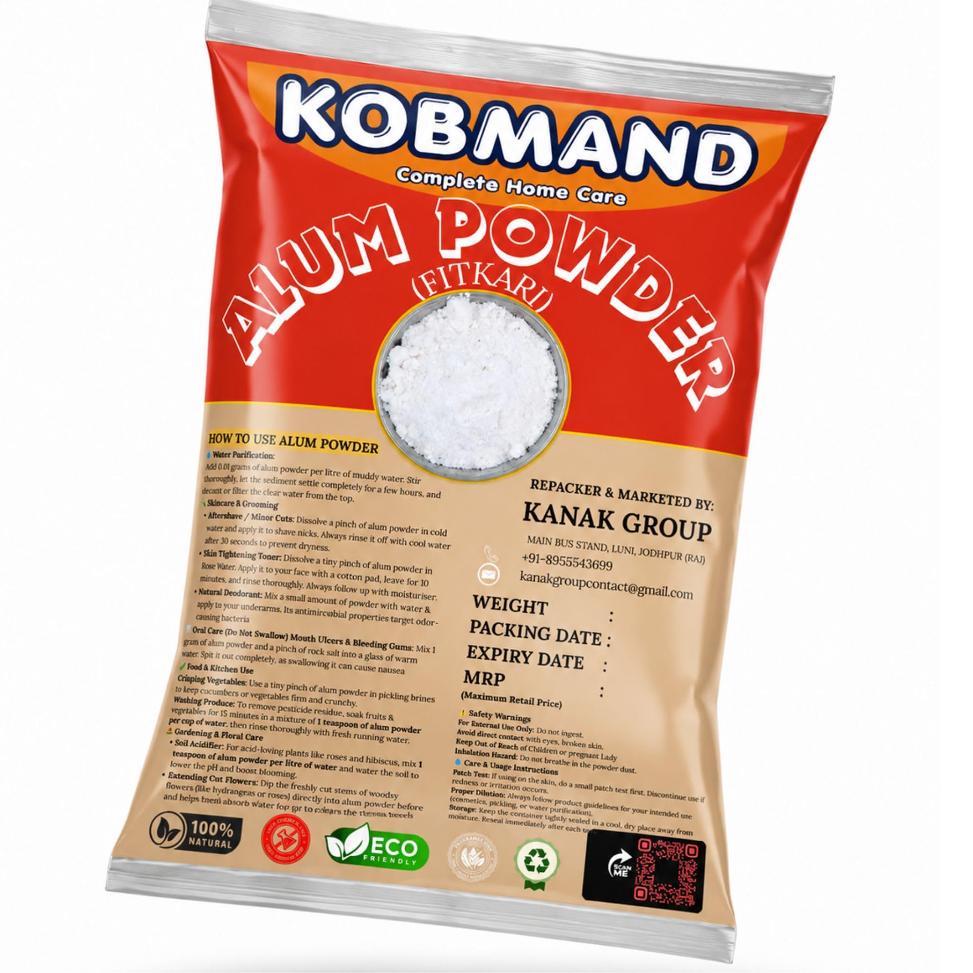 KOBMAND Alum Powder (Fitkari Stone) for face, Teeth, Skin, Water Purification, After Shave, Plants, Bath, Underarms, Deodorant, Mouthwash, Floor Cleaning, Cloth Washing | Phitkari Fitkiri Alam 900 gm