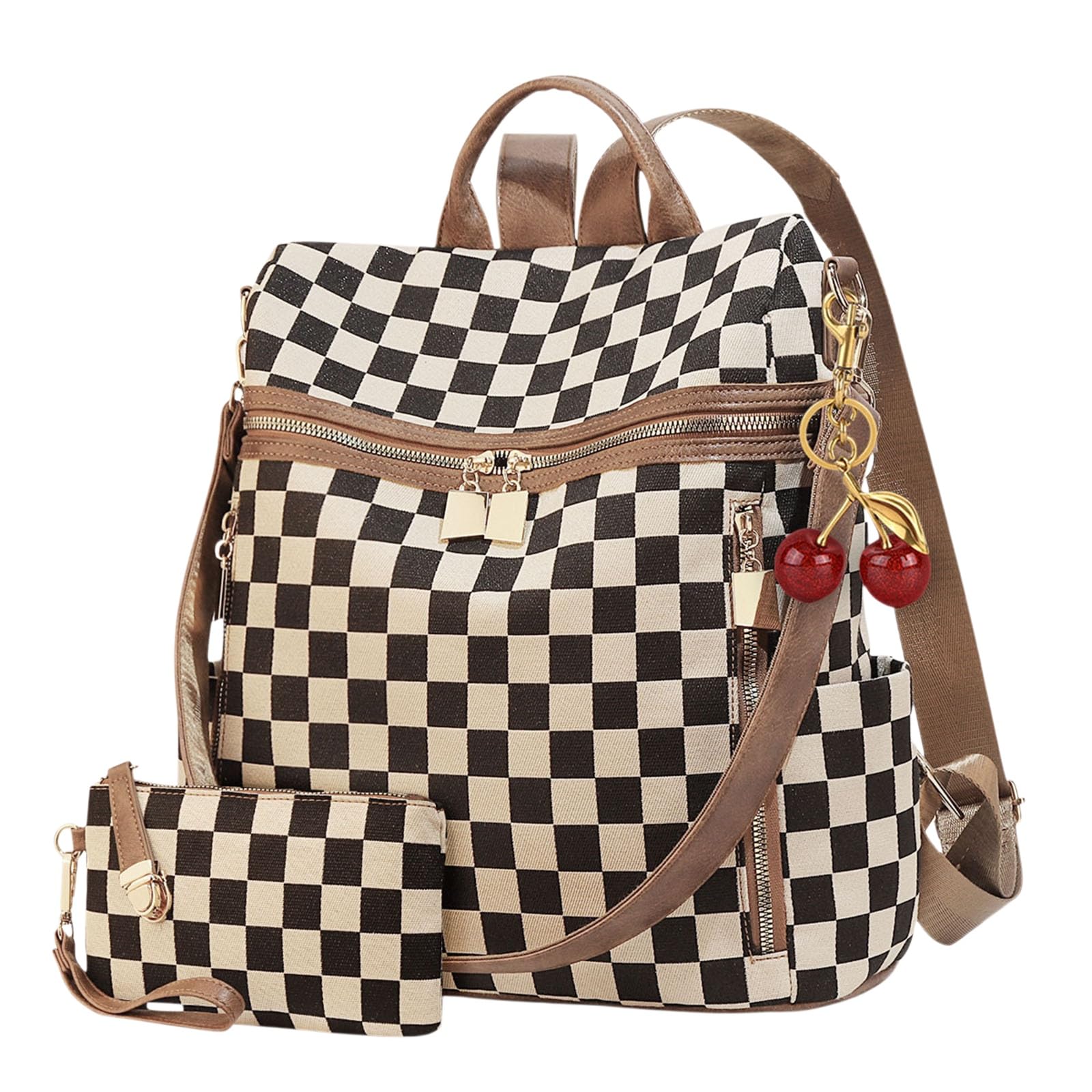 Zaino a quadri da donna piccolo zaino con tasche multiple grande borsa tracolla regolabile da viaggio lavoro, Marrone 1, Moyen, alla moda