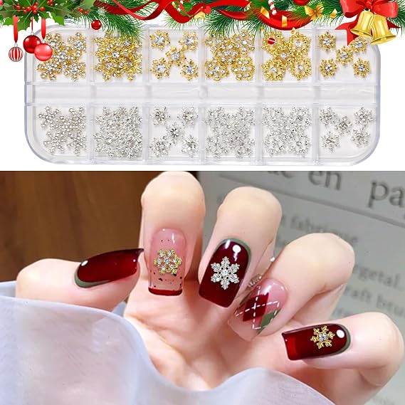 Christmas Snowflake Nail Charm,60Pcs Rhinestone Snowflake Nail Art Gems and Charms,Metal Alloy Gold Silver Snowflake Nail Decorations Nail Rhinestones for Women Girls Manicure Design DIY Crafts