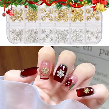 Christmas Snowflake Nail Charm,60Pcs Rhinestone Snowflake Nail Art Gems and Charms,Metal Alloy Gold Silver Snowflake Nail Decorations Nail Rhinestones for Women Girls Manicure Design DIY Crafts