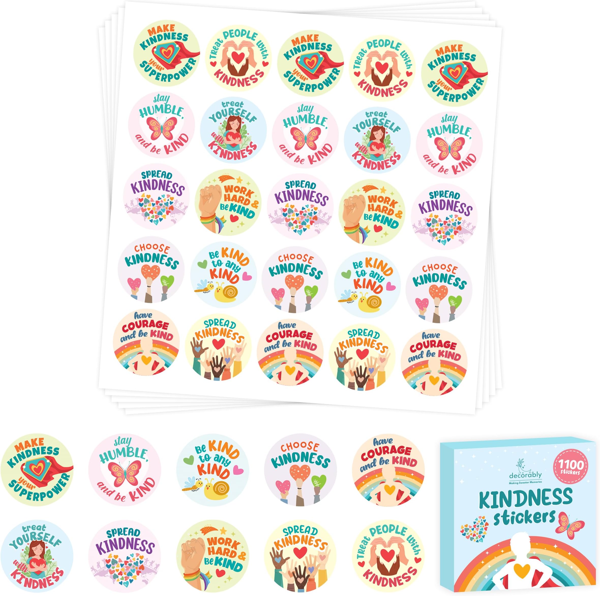 Decorably 1100 Kindness Stickers for Kids Bulk - 44 Sheets with 10 Colorful Designs for Classroom Activities, Positive Reinforcement, Arts & Crafts, Scrapbooking, Gift