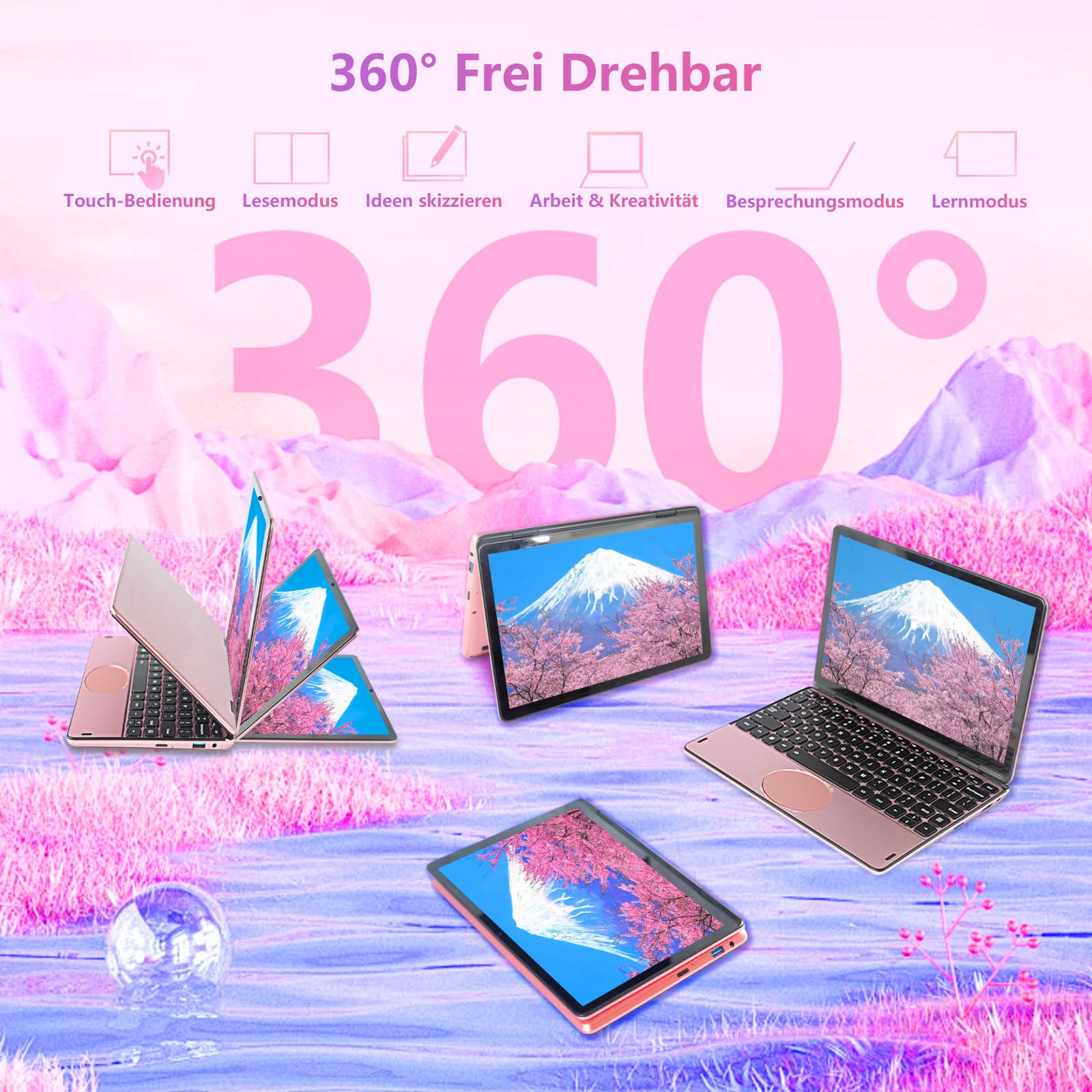 Mini Computer Portatile 2-in-1 10.95 Touchscreen Rotazione 360° Celeron N100 1920x1200 16GB DDR4 Tastiera Italiana BT5.0 Win11 Pro Notebook Rosa 16+512GB SSD