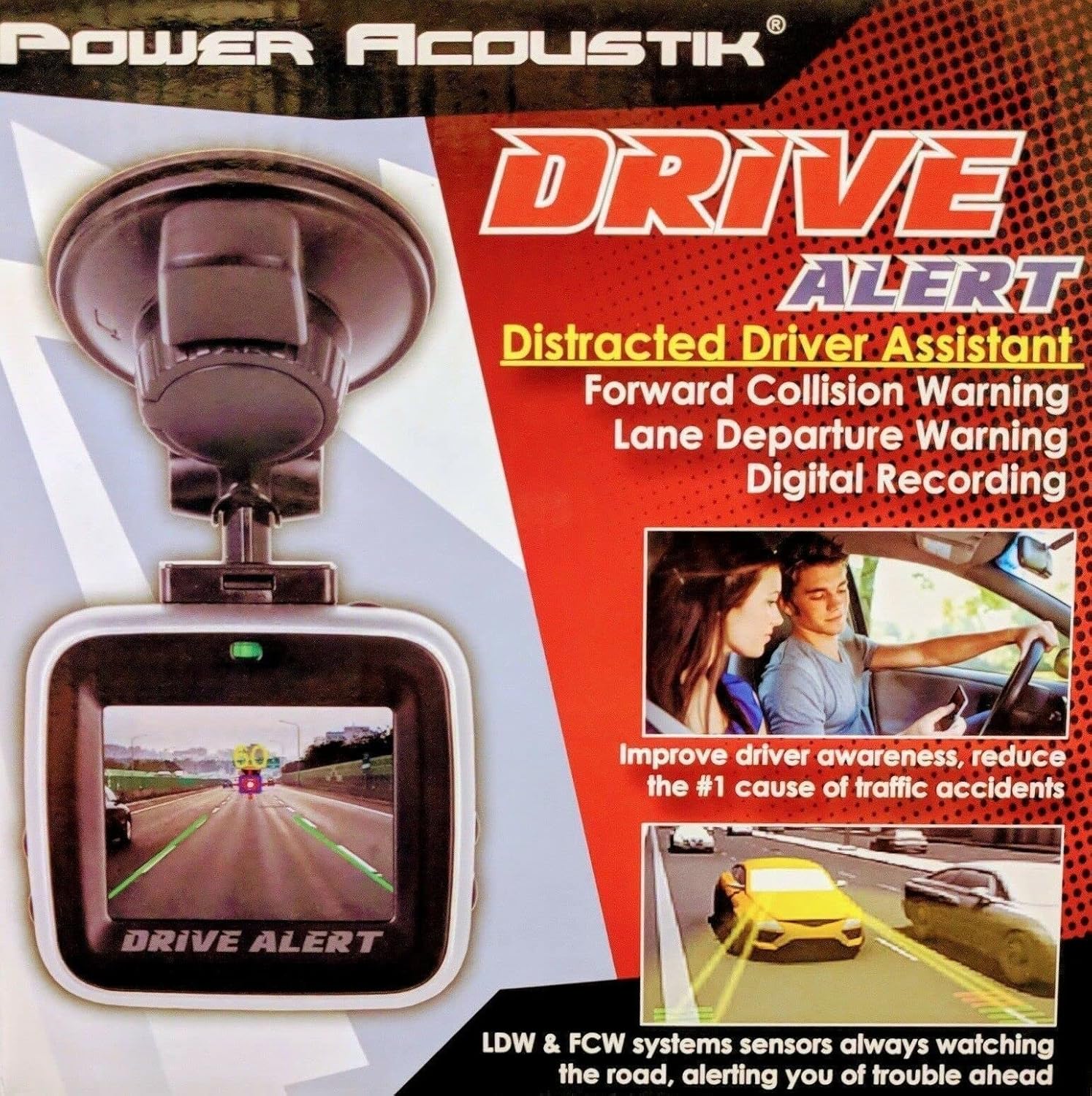 Power Acoustik DVALT device with suction cup mount, showing a screen display of a road with lane markings and a vehicle ahead. Text on the image highlights features like Distracted Driver Assistant, Forward Collision Warning, Lane Departure Warning, and Digital Recording.