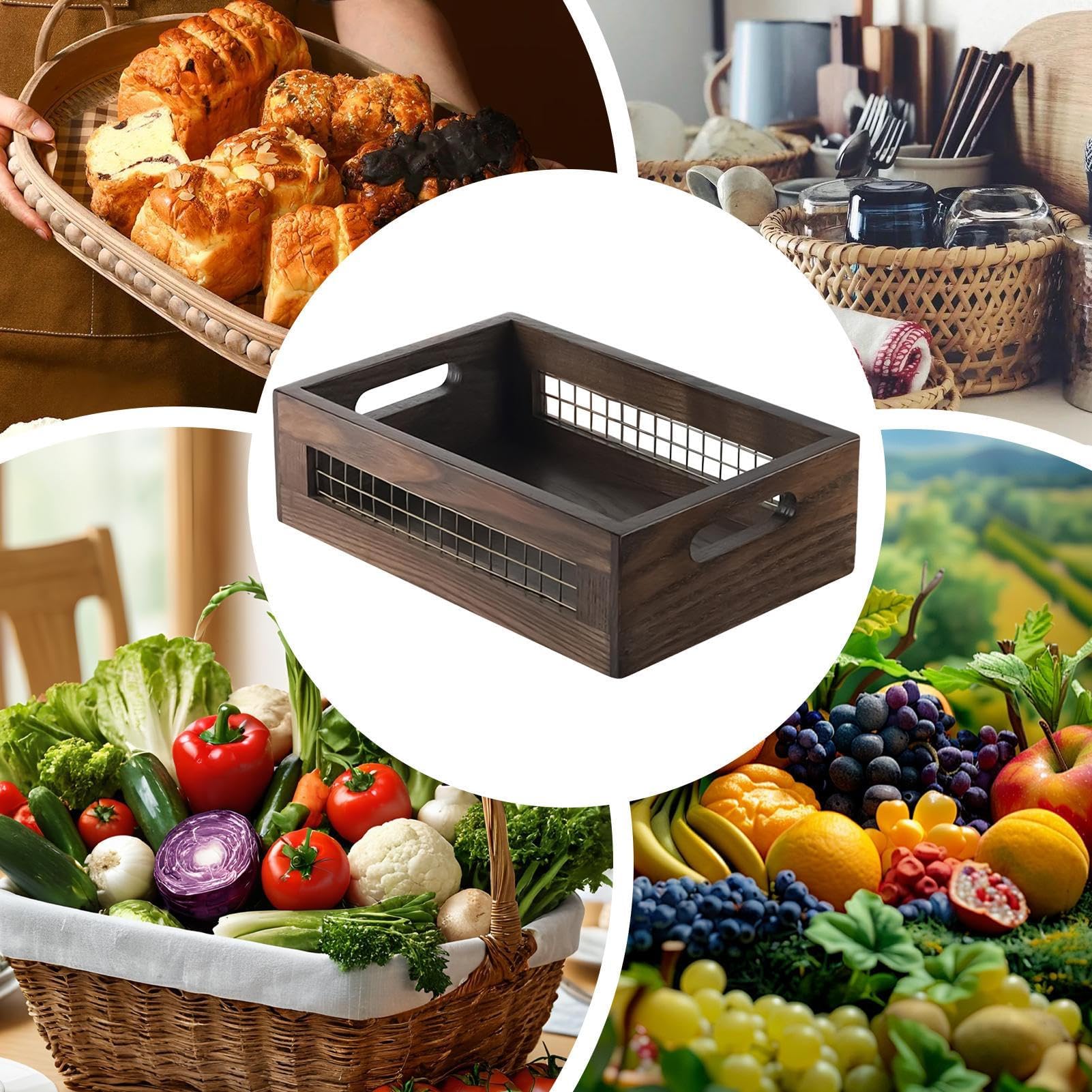 Juego de 2 cestas de almacenamiento de madera rústicas para cocina, baño y pan
