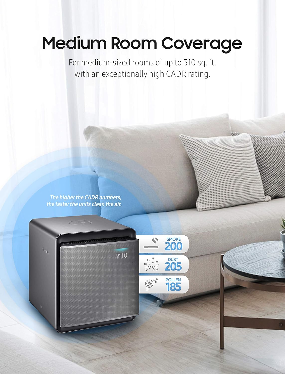 Best Deal SAMSUNG Cube Smart Air Purifier with 3 Stage True HEPA Filter System | Silent & Wind-Free | for Allergies, Pet Dander, Odor, and Dust, 310 sqft Room Coverage, Silver