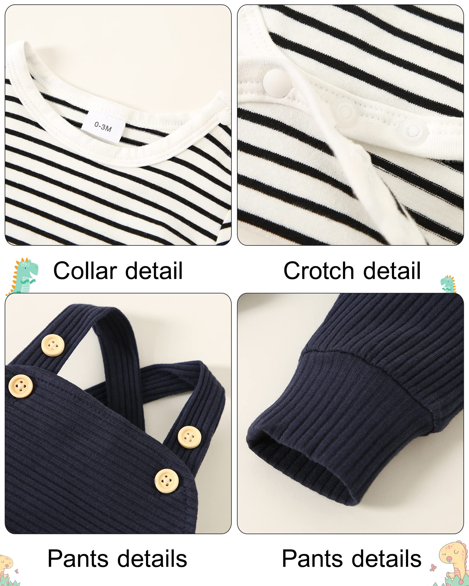 Ropa de bebé recién nacido, 2 piezas de mameluco para niños pequeños primavera/verano a rayas + pantalones de babero (0-3 meses)