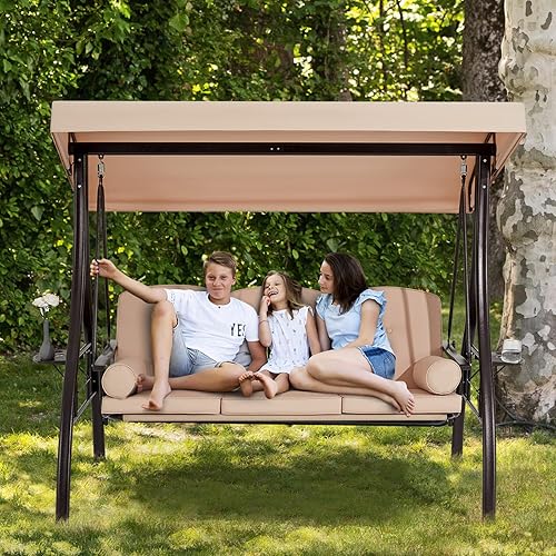 Miniatura 7 de HOMREST Columpio para porche al aire libre para 3 personas con portavasos mejorado de 1.5 pulgadas, toldo ajustable, respaldo, cama columpio de