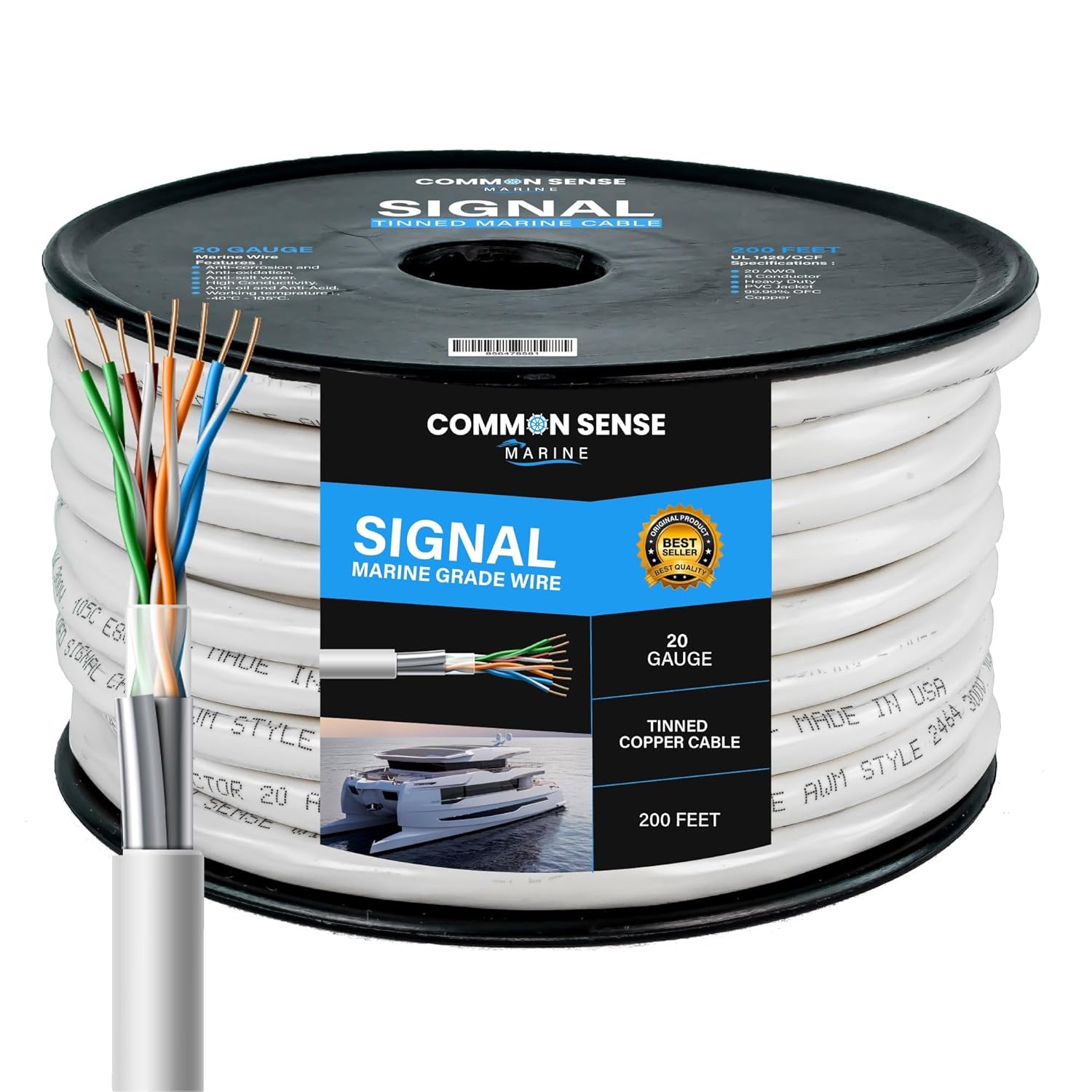 20 Gauge 8 Conductor Signal Wire - 200 ft Round Marine Grade Wire Tinned Copper Oxygen-Free Insulated - 20/8 AWG UL 1426 Standard PVC Shielded Cable for Boat, Automotive, Speakers & Trailers