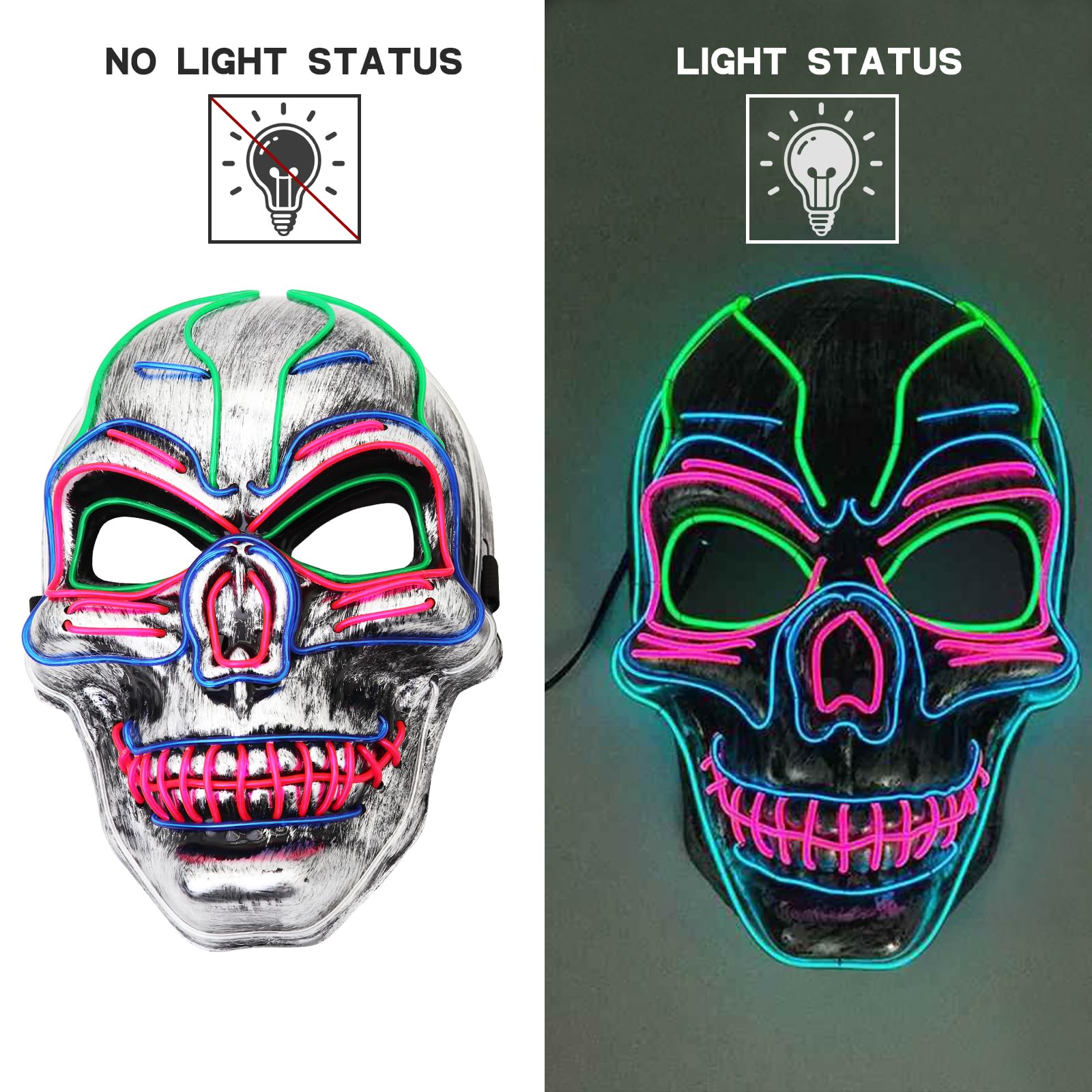 Halloween Mask with LED Lights - Scary Light-Up Mask for Costume Parties Cosplay, Masquerade & Carnival Festivals (grey A) - Image 2