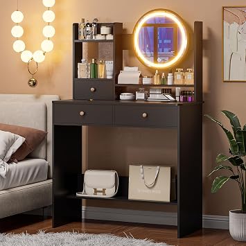 Vanity Desk with LED Lighted Mirror, Makeup Vanity Desk with 3 Drawers & Storage Shelves, 3 Color Modes, Dressing Table for Bedroom, Black