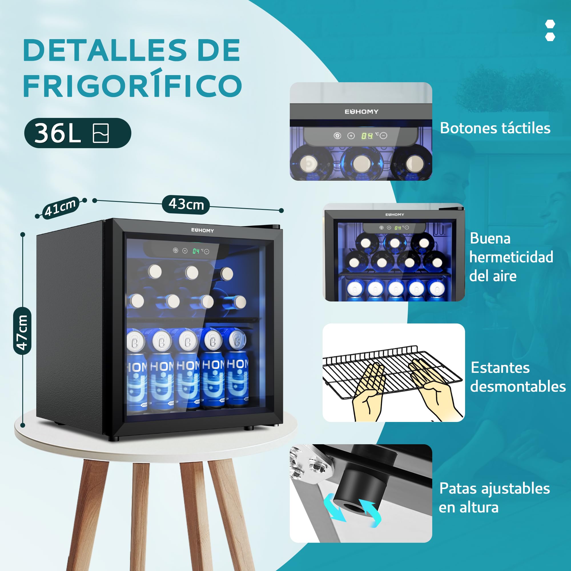 EUHOMY Frigorífico para Bebidas, Mini Frigorifico con Puerta de Cristal, Nevera Pequeña, Refrigerador de Sobremesa para 55 Latas, Mini Fridge para Oficina, 36 Litros, Mini Nevera de Bajo Ruido, Negro