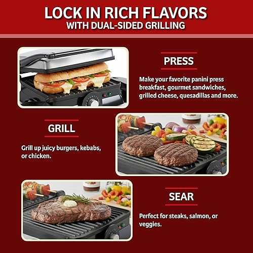 Miniatura 3 de Chef Buddy Parrilla antiadherente para interiores y sandwichera gourmet, eléctrica con placas antiadherentes, 12.5 x 11 x 5 pulgadas, color negro