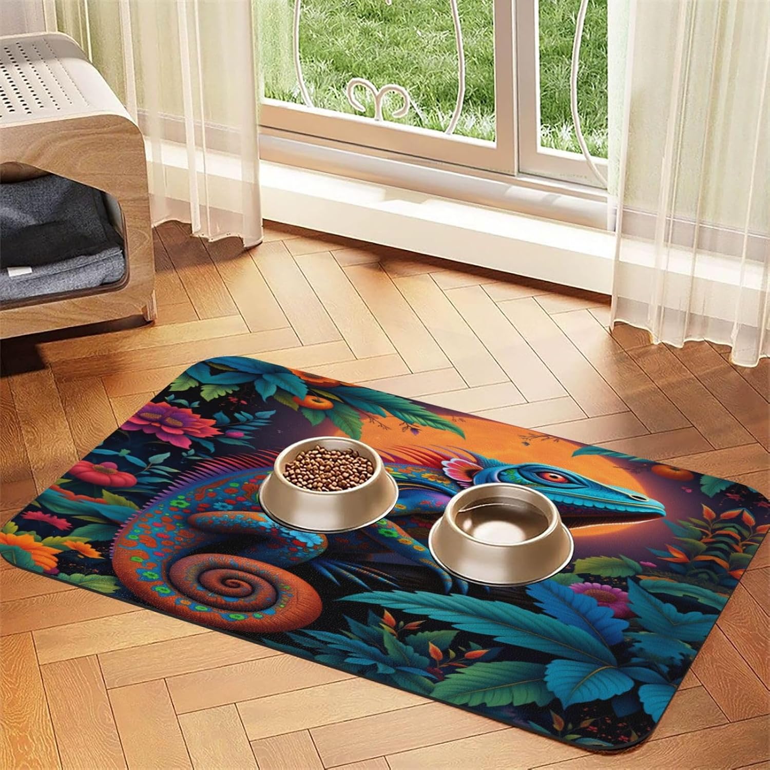 Iguana Floral Pet Food Mat Dog Non-Slip Feeding Mat Cat Bowl Mats Pets Placemat for Food and Water 40x60cm