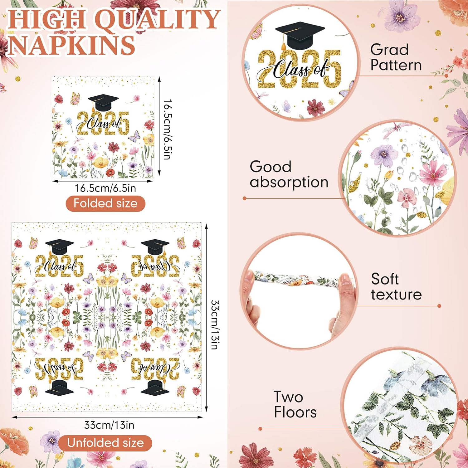 Funnymoom 100 Pcs Wildflower Graduation Party Supplies 2026 Paper Plates and Napkins, 7 Inches Disposable Plates 13 Inches Dinner Napkins Party Decorations, Serves 50 (Colorful,Grad)