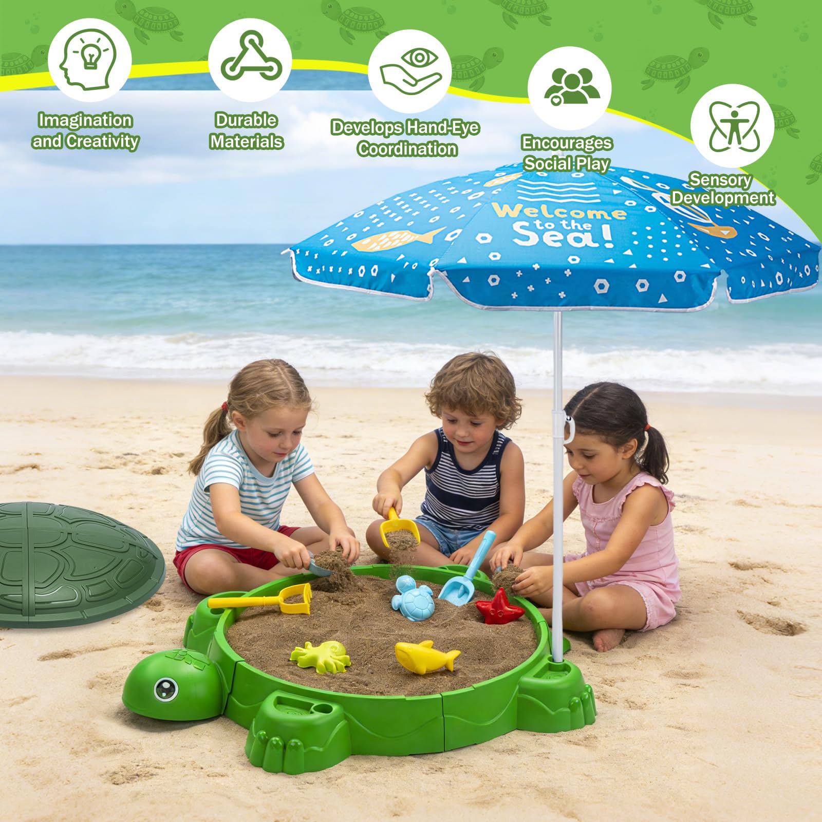 VROGTIK Schildkrötensandkasten mit Sonnenschirm & Deckel, Kinder Sandkasten, Strandspielset mit Meerestiere-Zubehör, Wetterbeständig Sandspielzeug für Garten & Strand, Ab 3 Jahren