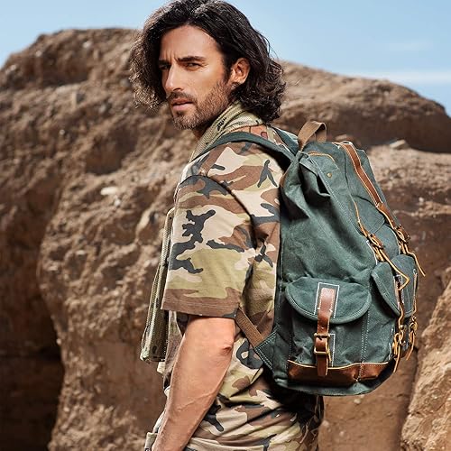 Miniatura 6 de Mochila de lona encerada para hombre Casual 15.6" Mochila para portátil, Verde, Mochilas de mochila