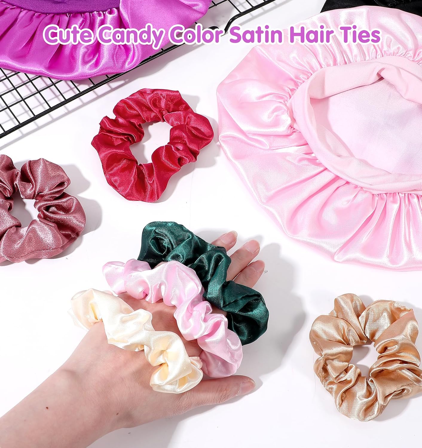 3Pcs Hair Bonnet for Sleeping Kids, Soft Satin Silk Bonnet for Kids Bonnets with 6 Scrunchies, Cute Design Comfortable Sleep Cap for Curly Hair & Braids, Toddler & Teens, Multi-Color