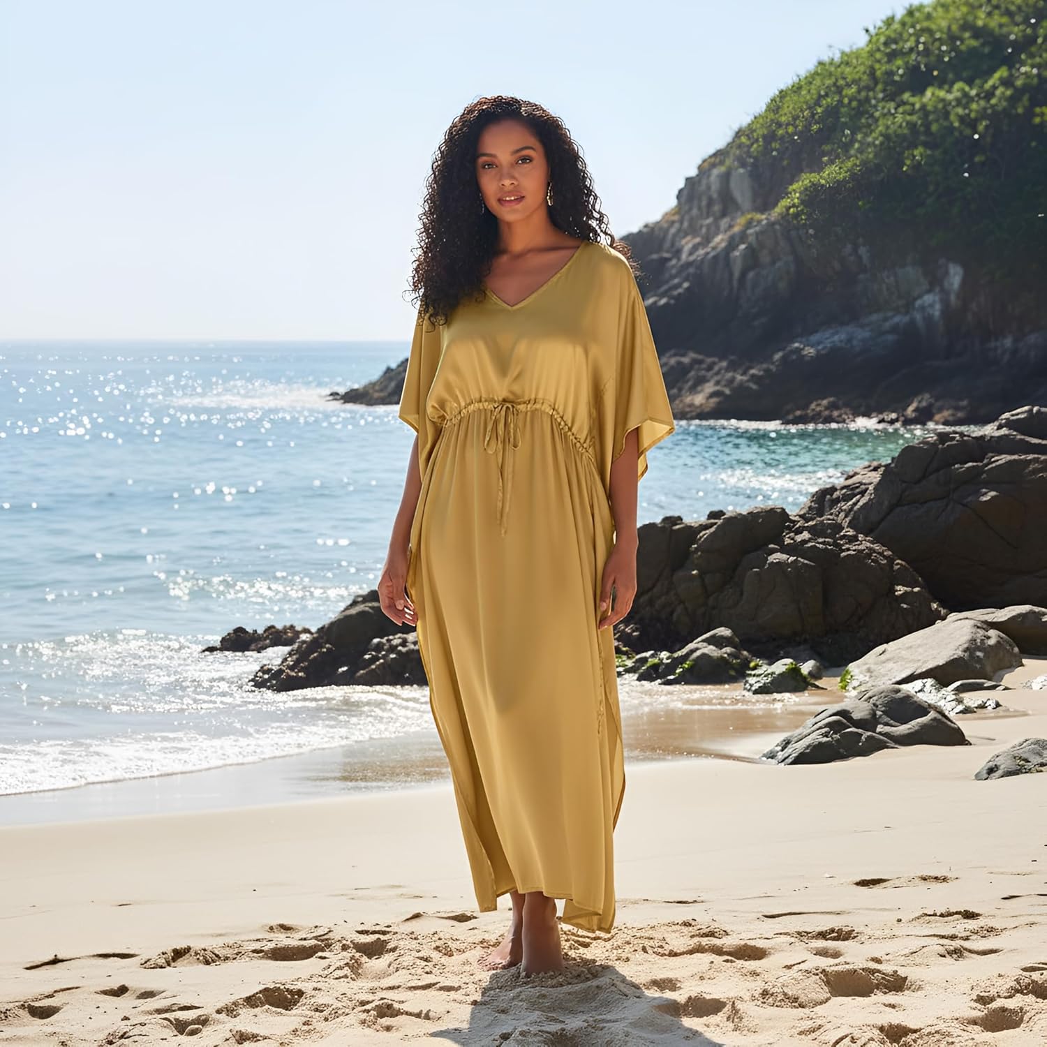 Oussum Women Plus Size Kaftan Dress Solid Satin Maxi Kimono Sleeves Night Gown Dresses Comfortable Lounge Wear for Ladies - Image 2