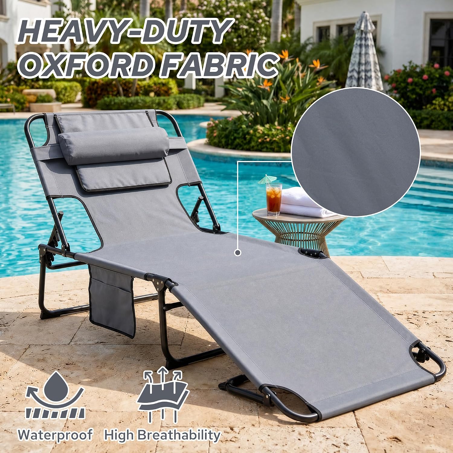 Tanning Chair with Face Hole, 5-Position Adjustable Backrest Beach Lounge Chair with Pillow, Side Pocket & Padded Cushion for Outdoor Patio Pool Lawn Deck, Grey