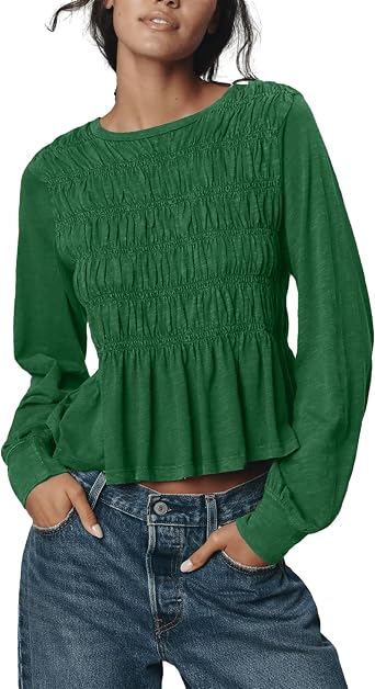 OPCAKM Peplum Babydoll Tops for Women Flowy Long Sleeve Blouse | Soft Stretch Fabric,Smocked Top,Ruffle Shirred Hem,Cute Summer Streetwear,Y2k Going Out,Fashion Clothing
