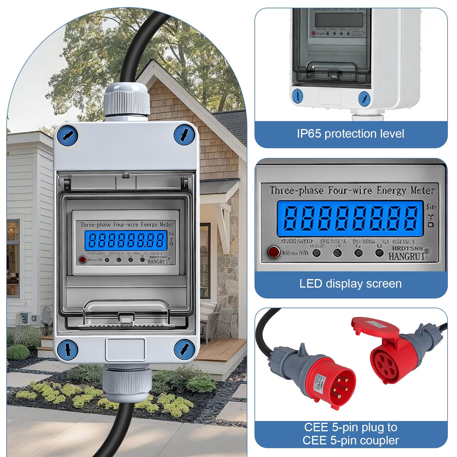 CPROSP Trifase Contatore Energia Elettrica Mobile 32A 400V | Contatore Digitale con Spina e Presa CEE; Misuratore di Consumo Elettrico; per Camper, Veicoli Elettrici, Campeggio IP65